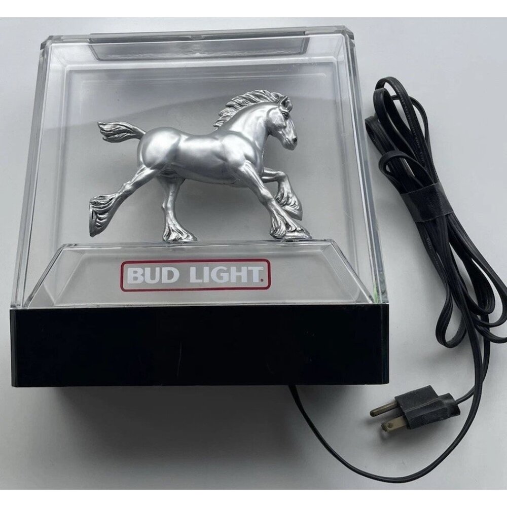 Vintage Budweiser Bud Light Silver Clydesdale Horse Lighted Beer Sign 1980s